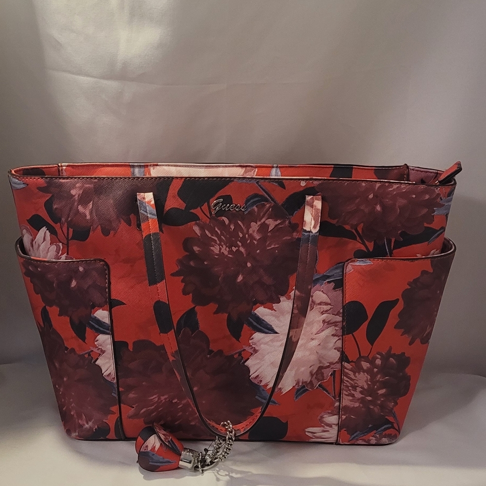 Guess Red and Pink Floral Tote